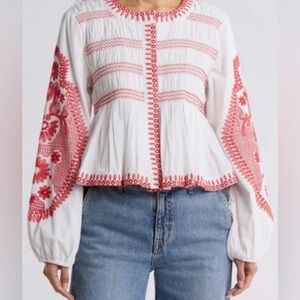 7 for all mankind Cotton White Blouse with Red Embroidered Detail